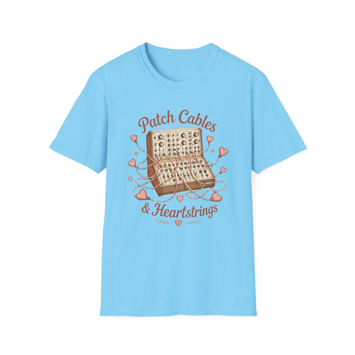 Sky blue Patch Cables & Heartstrings T-shirt with a modular synthesizer wrapped in heart-shaped cables.