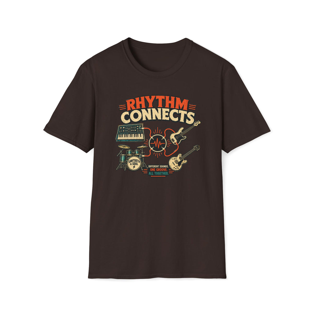 Dark brown Rhythm Connects T-shirt with band instruments linked by orange cables and a waveform.