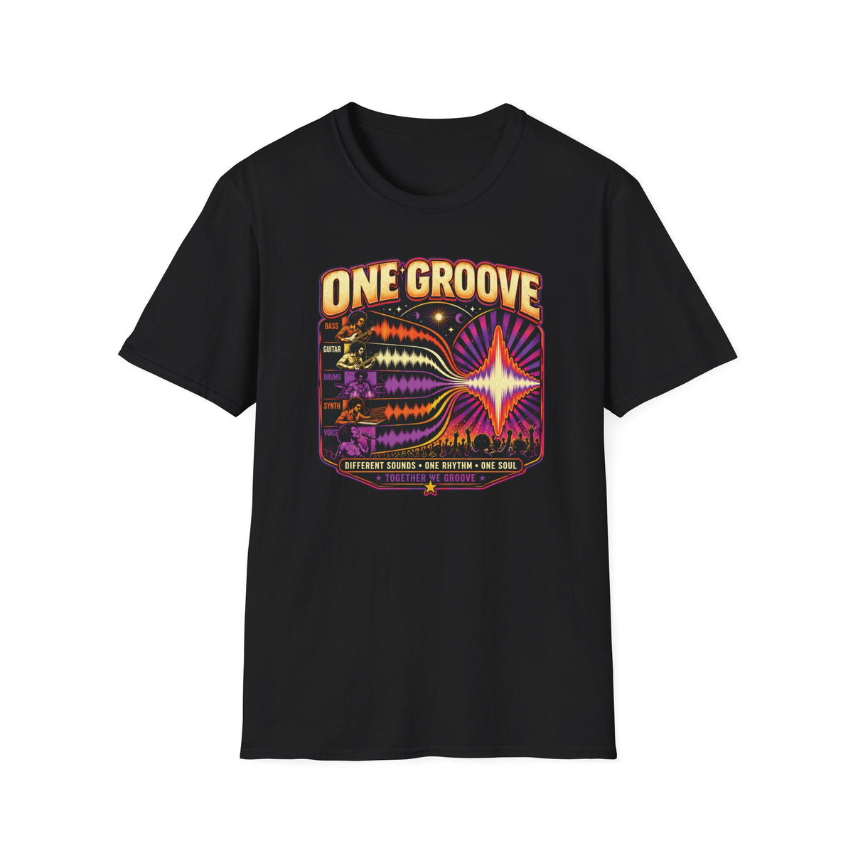 Black One Groove T-shirt with instrument waveforms merging into a shared pulse.