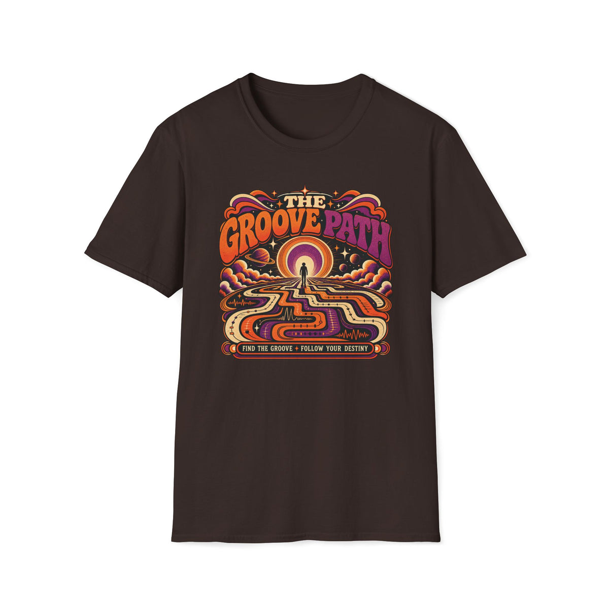 Dark brown The Groove Path T-shirt with a traveler on a winding waveform path toward a cosmic horizon.