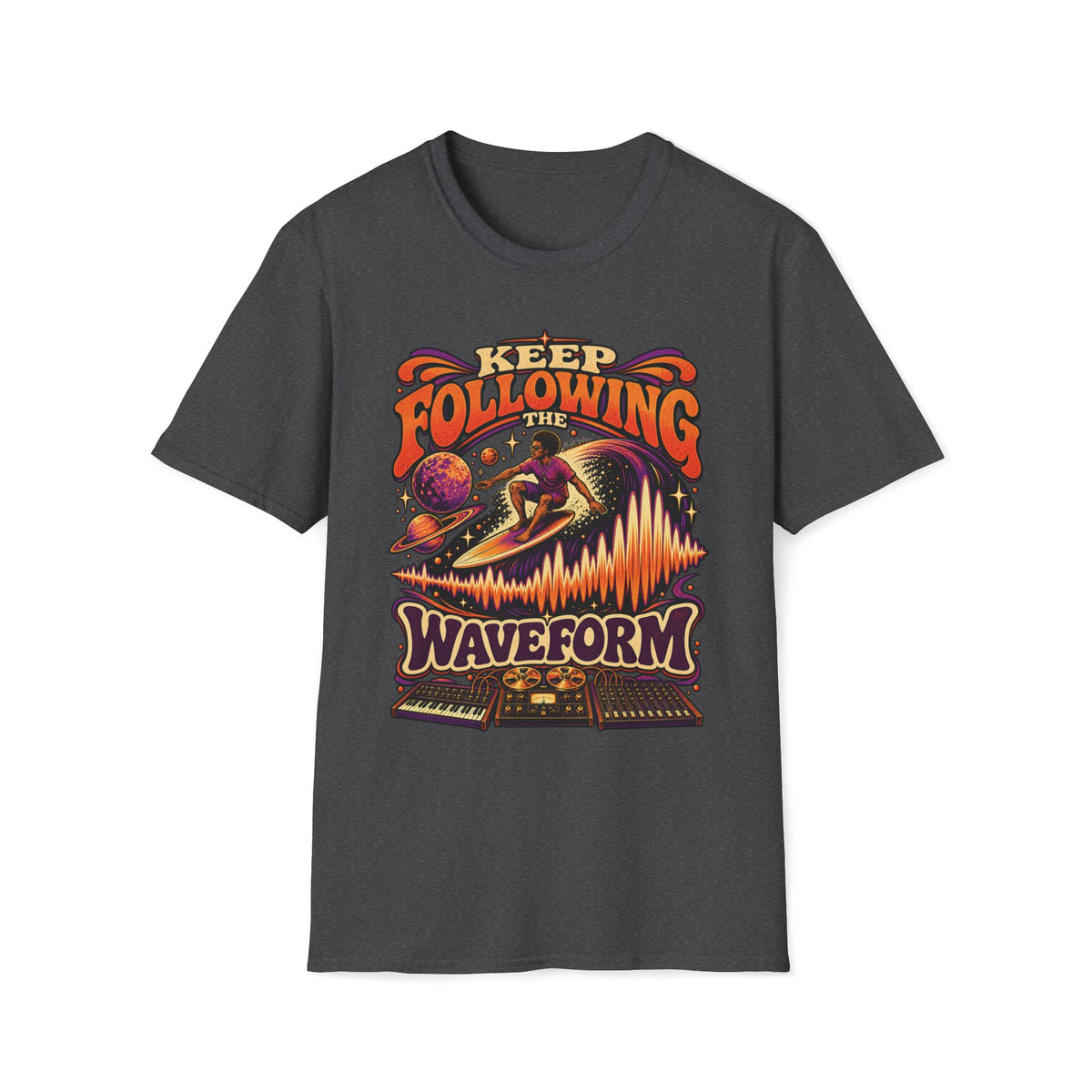 Dark heather gray Keep Following the Waveform T-shirt with a surfer riding a waveform above analog music gear.