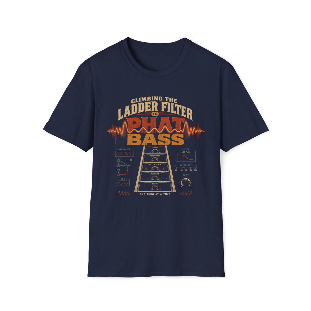 Navy Phat Bass T-shirt with a ladder-filter diagram with synth controls.