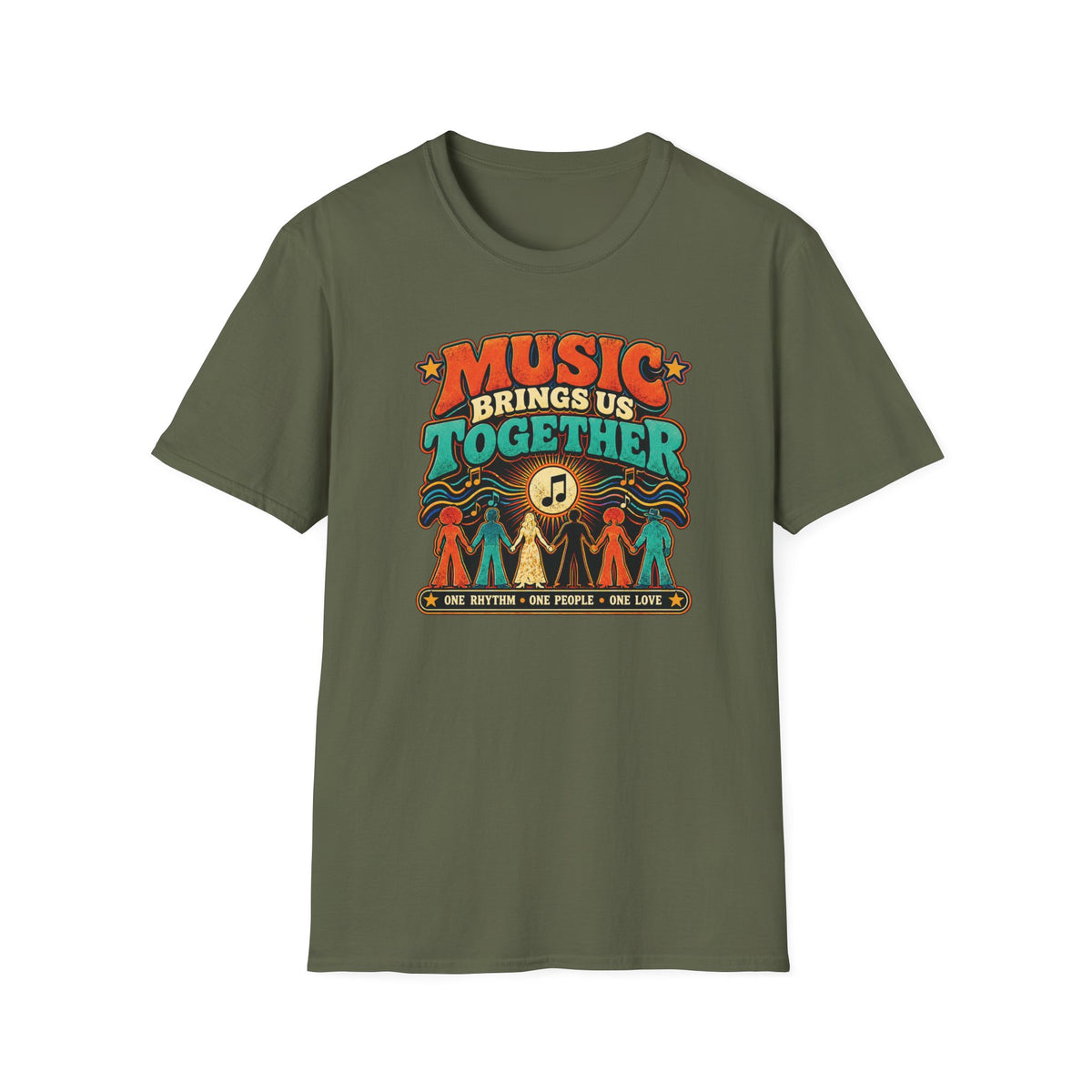 Military green Music Brings Us Together T-shirt with a musical note and people holding hands.