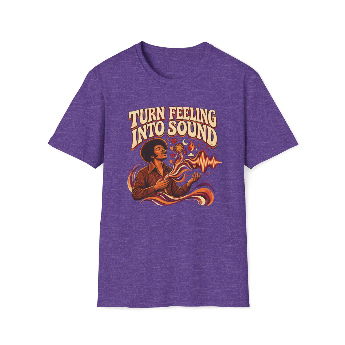 Heather purple Turn Feeling Into Sound T-shirt with a soulful figure surrounded by colorful sound waves.