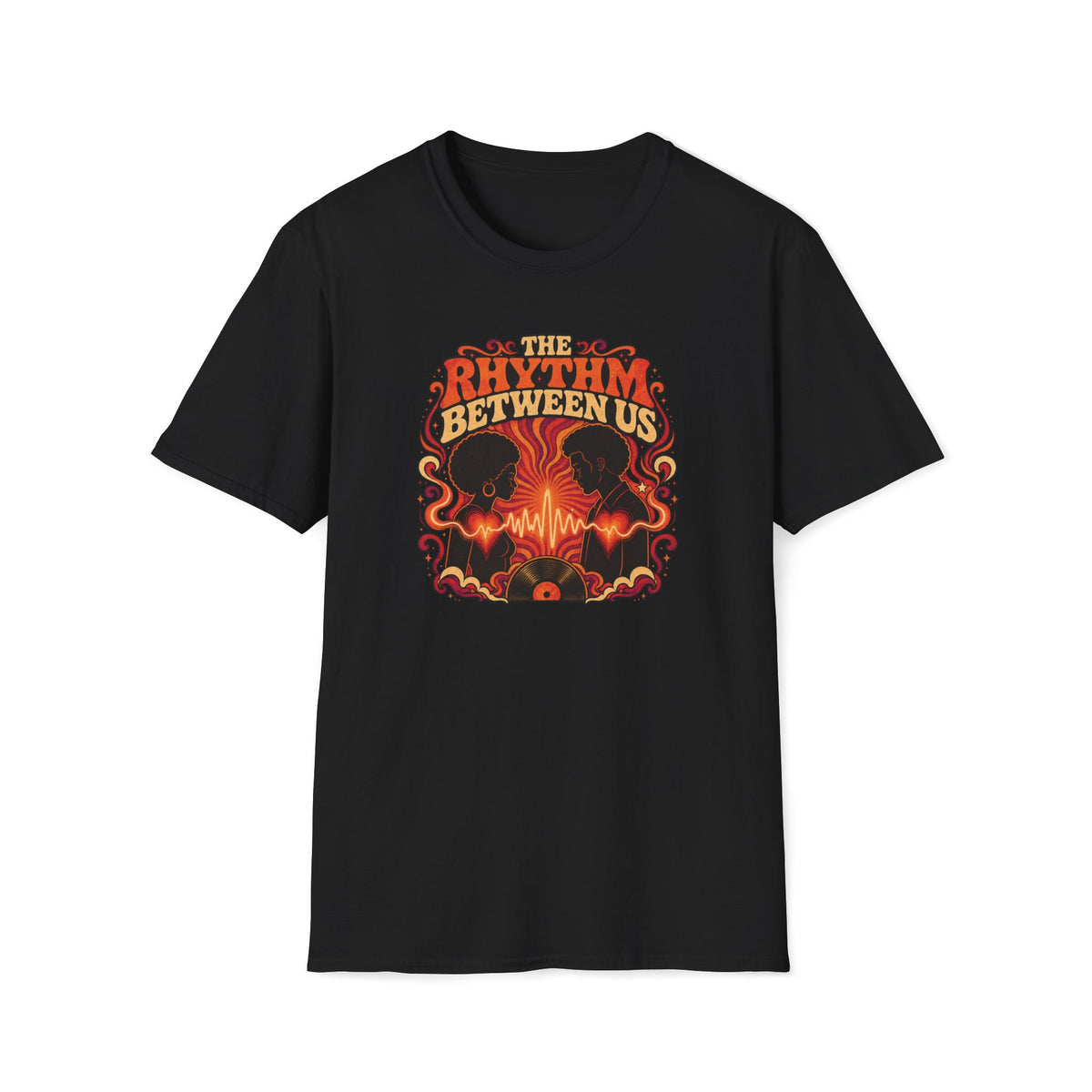 Black The Rhythm Between Us T-shirt with two facing portraits, glowing hearts, and a vinyl record.