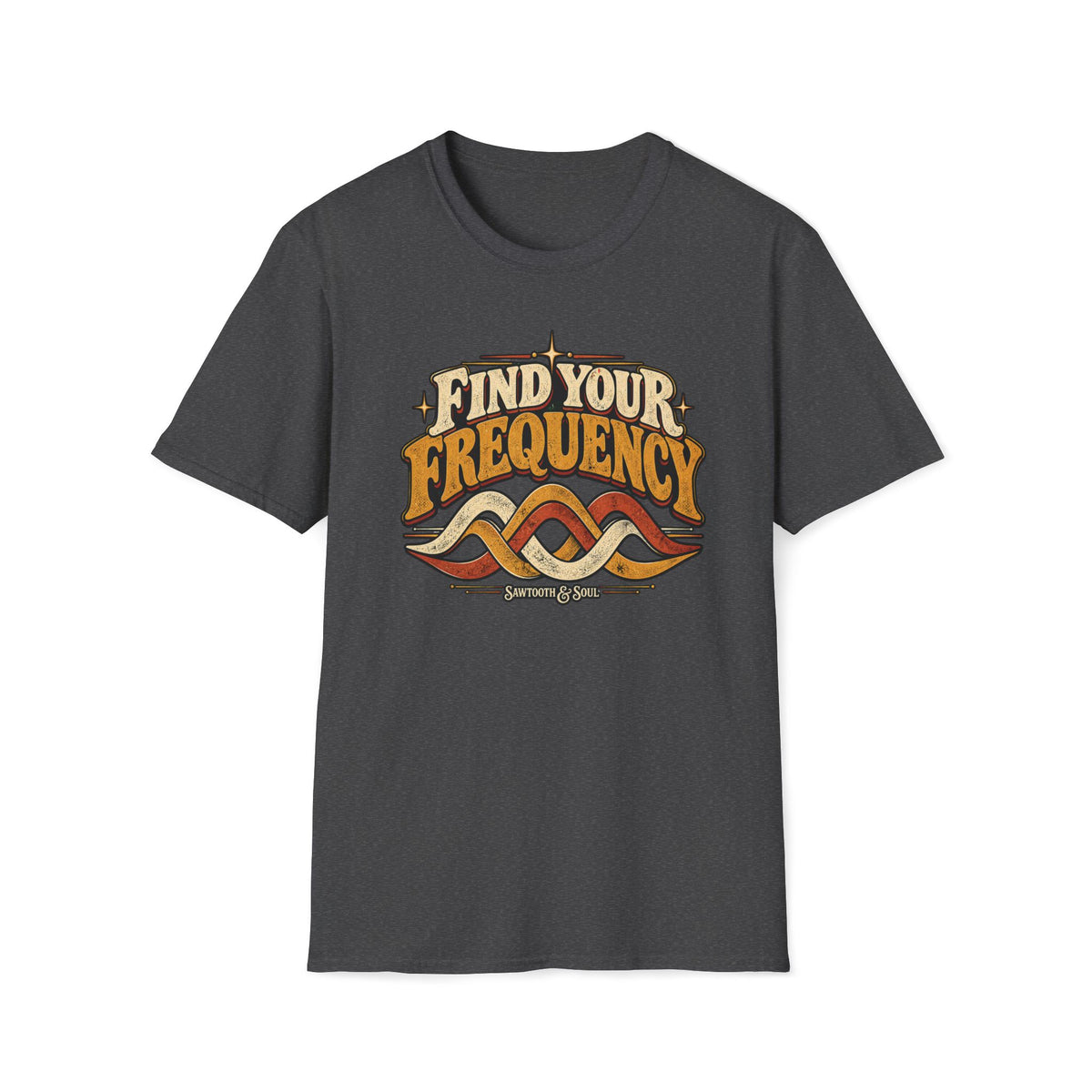 Dark heather gray Find Your Frequency T-shirt with three interlocking cream, gold, and rust waves.
