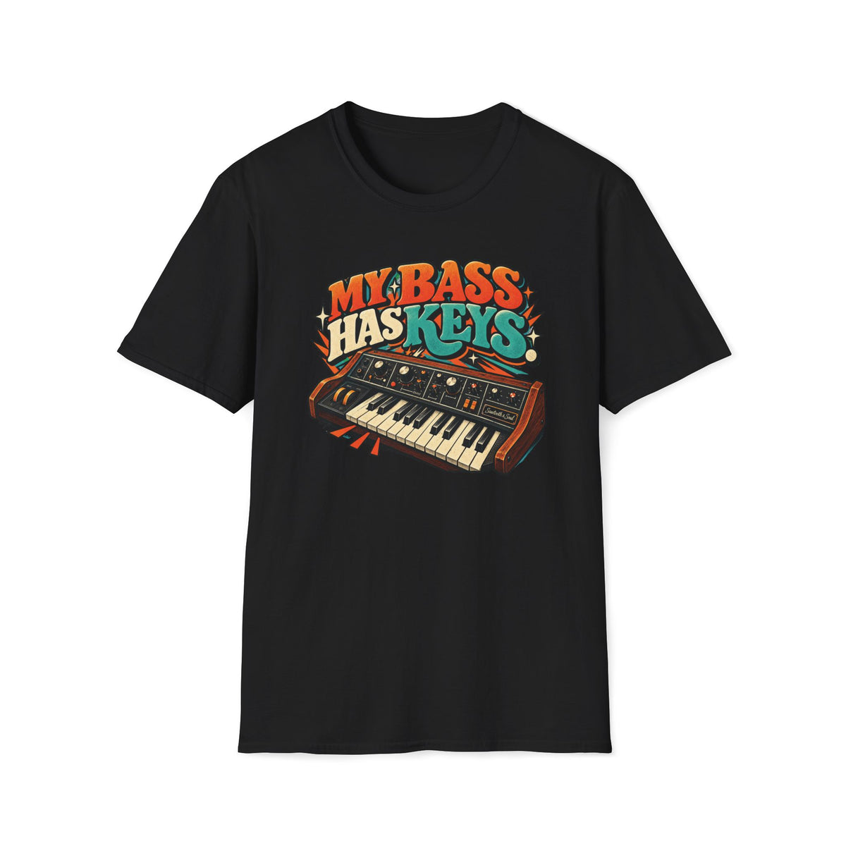 Black My Bass Has Keys T-shirt with a wood-sided synthesizer with cream keys and teal accents.