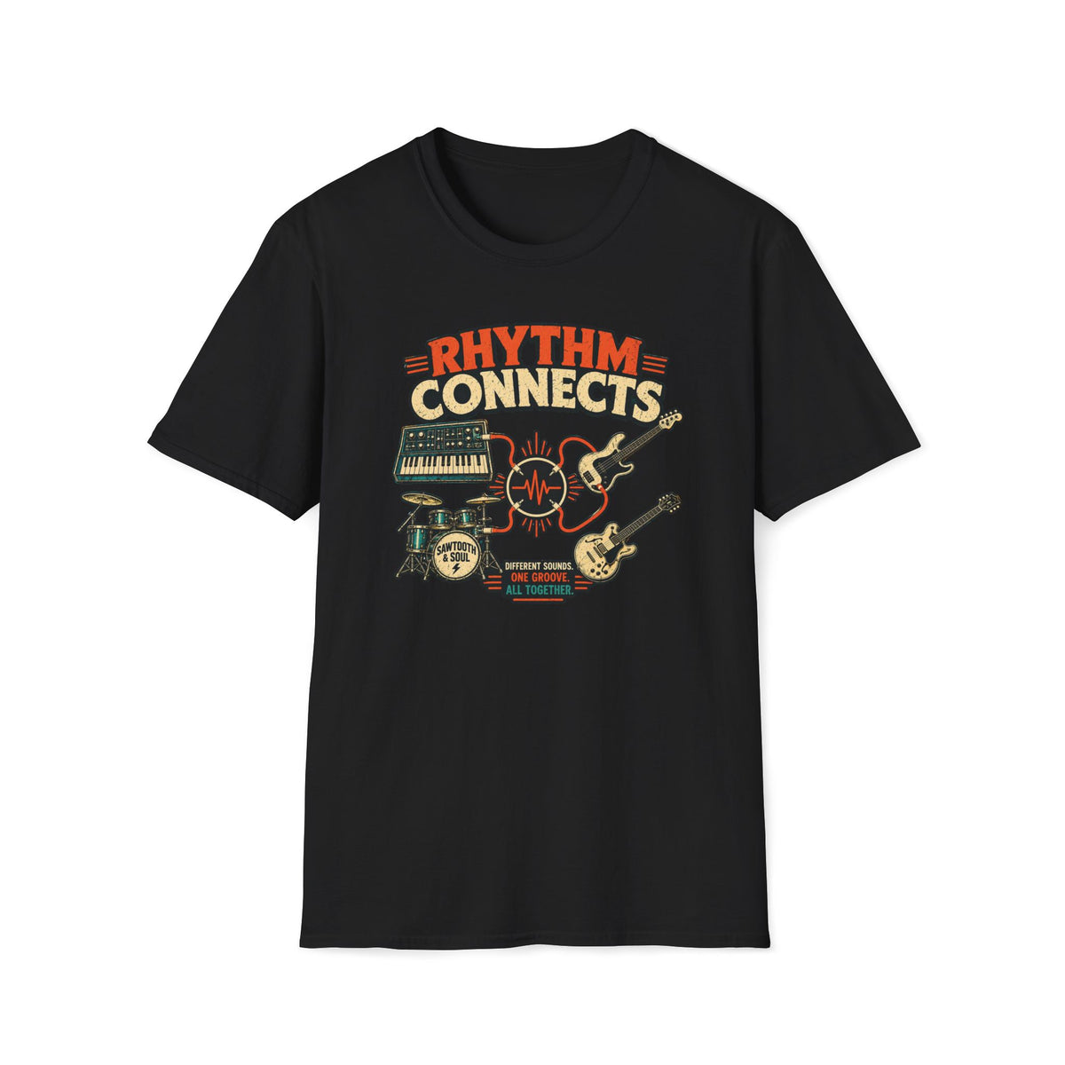 Black Rhythm Connects T-shirt with band instruments linked by orange cables and a waveform.