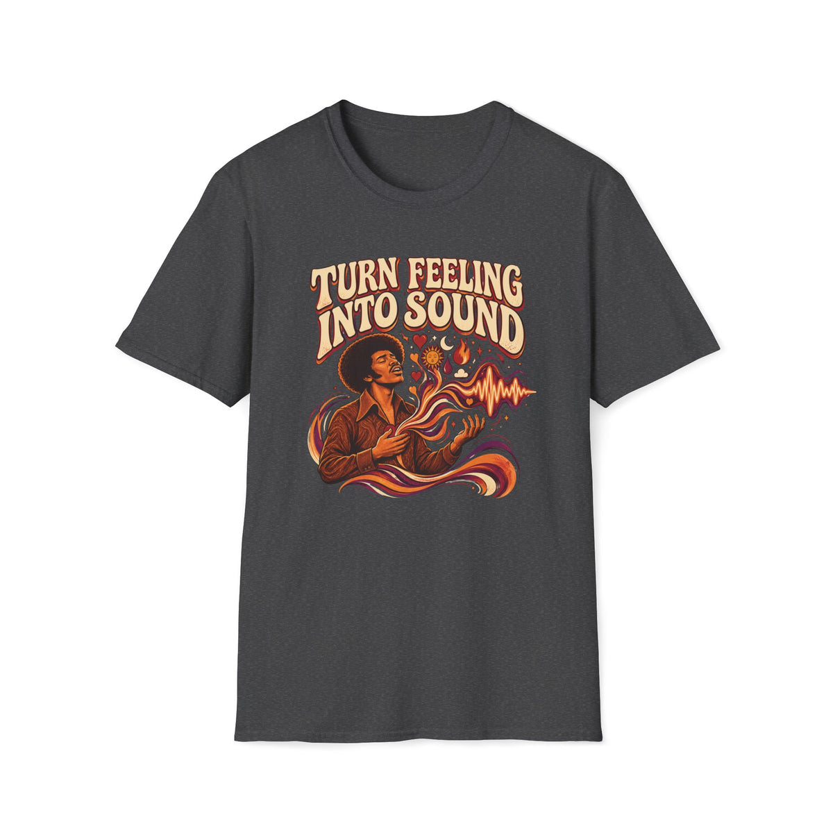 Dark heather gray Turn Feeling Into Sound T-shirt with a soulful figure surrounded by colorful sound waves.