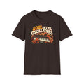 Dark brown Soul in the Oscillators T-shirt with hands playing and adjusting a vintage synthesizer.