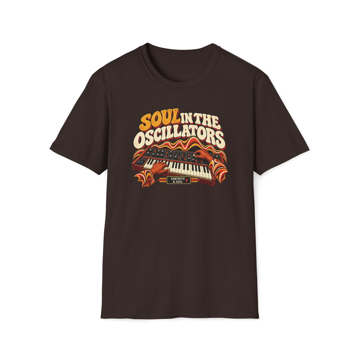 Dark brown Soul in the Oscillators T-shirt with hands playing and adjusting a vintage synthesizer.