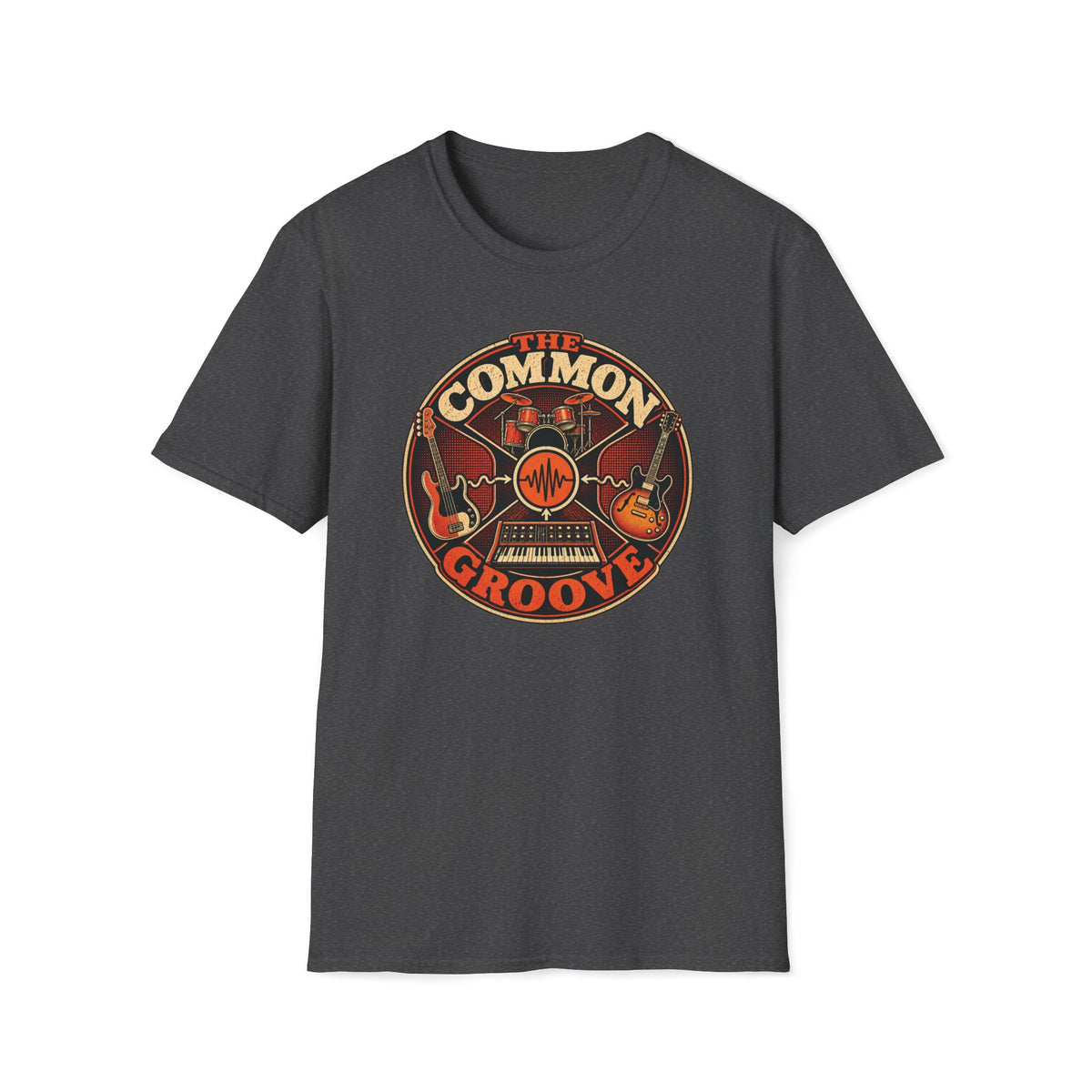 Dark heather gray The Common Groove T-shirt with bass, guitar, drums, and synthesizer around a waveform.