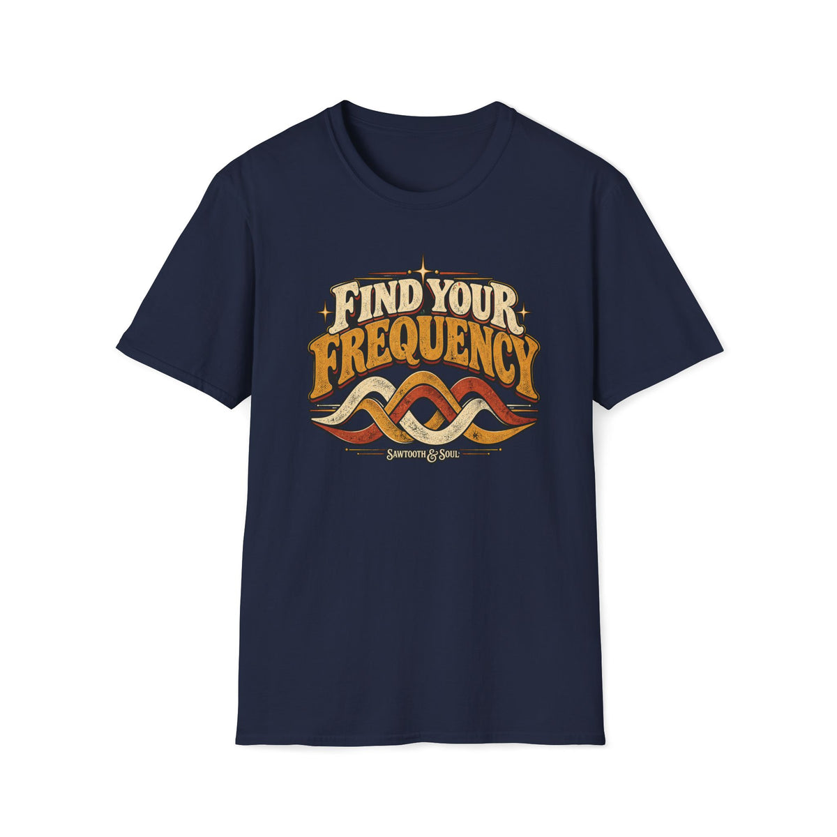 Navy Find Your Frequency T-shirt with three interlocking cream, gold, and rust waves.