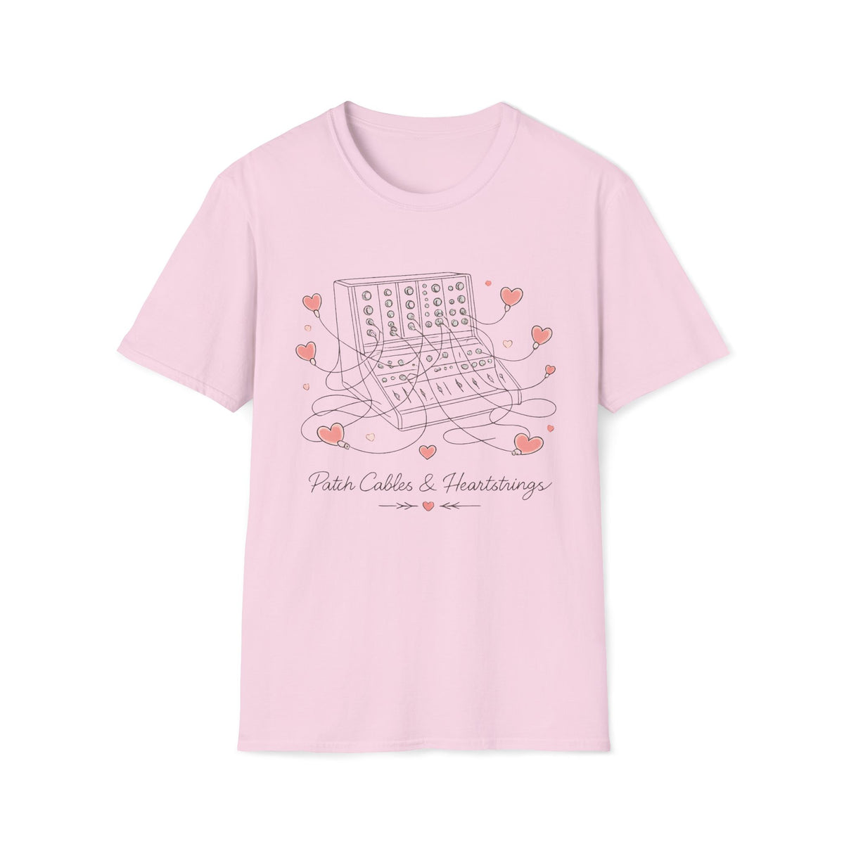 Light pink Pastel Patch Cables & Heartstrings T-shirt with a synthesizer with pastel heart-shaped cables.