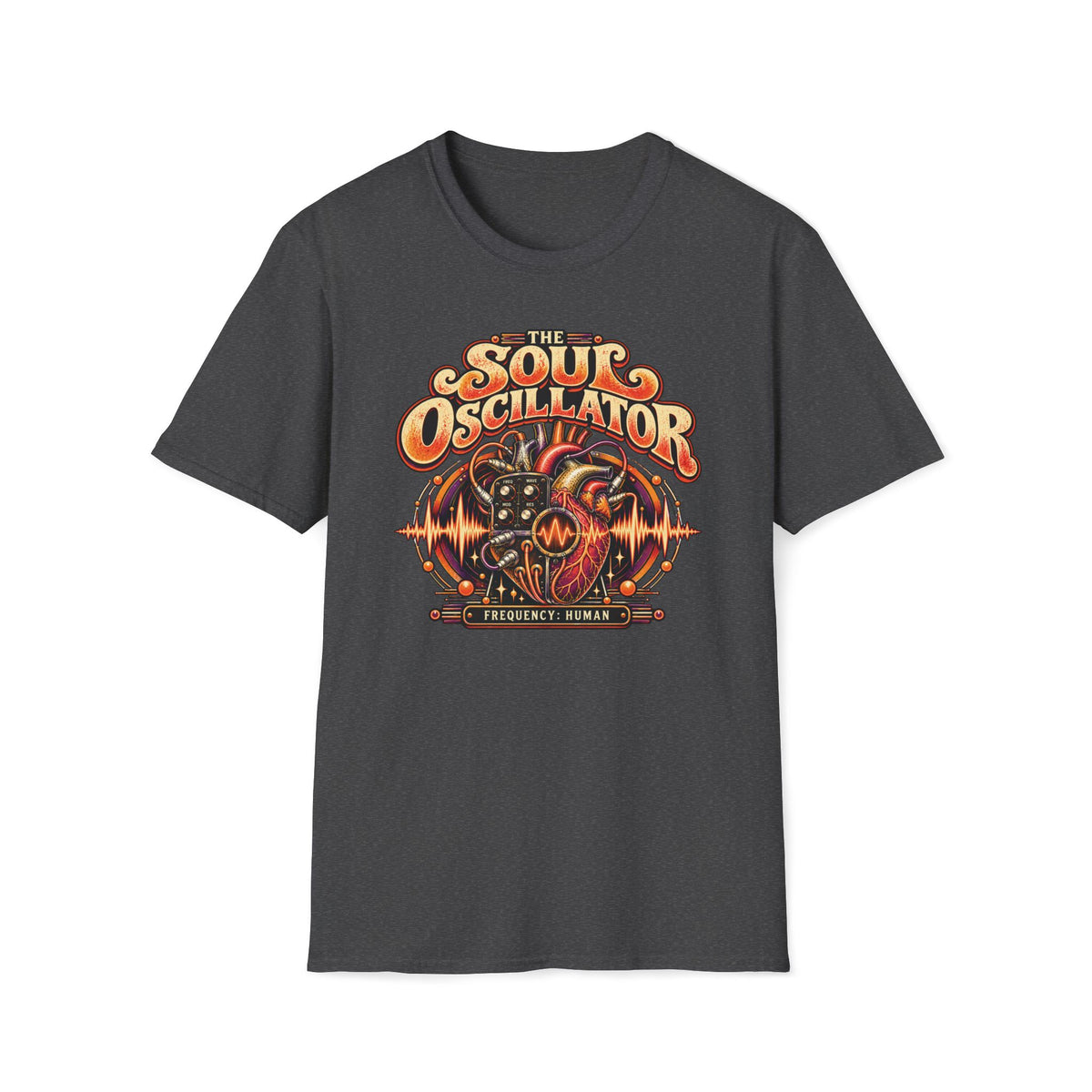 Dark heather gray The Soul Oscillator T-shirt with a heart-shaped analog oscillator and control knobs.