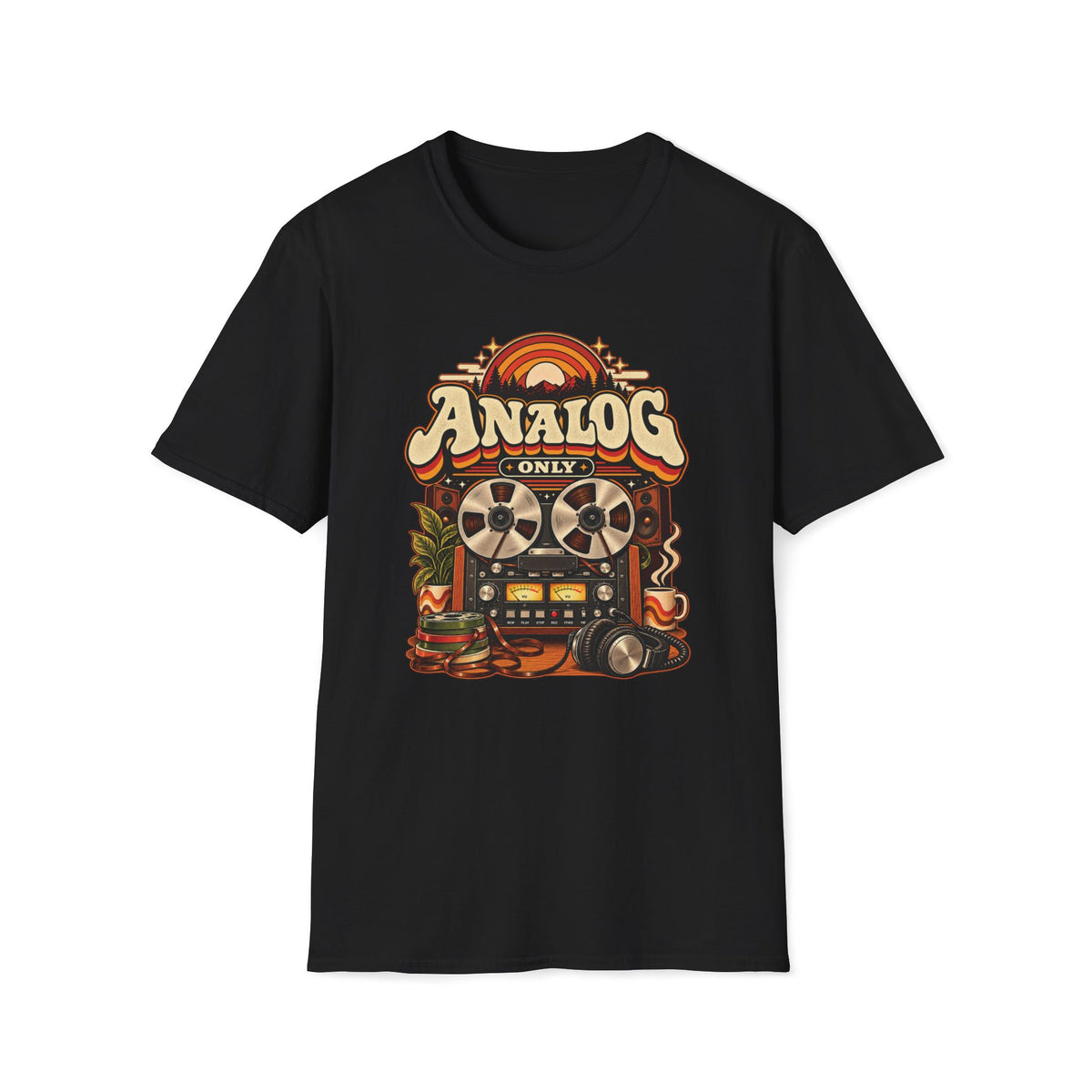 Black Analog Only T-shirt with a reel-to-reel recorder, speakers, headphones, and coffee.