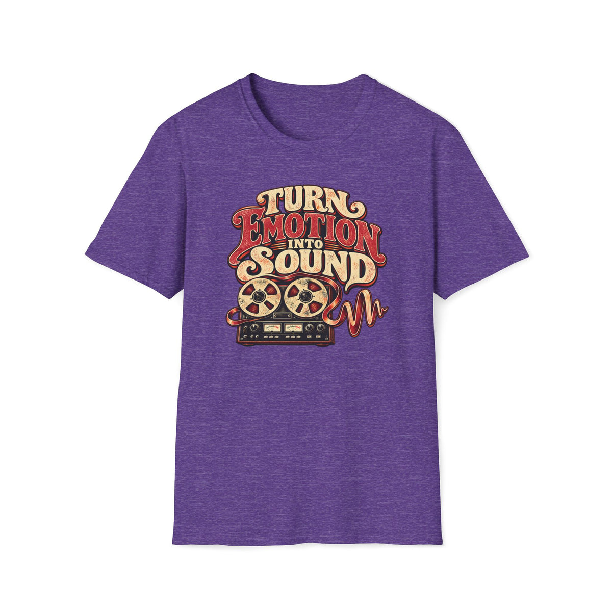 Heather purple Turn Emotion Into Sound T-shirt with a reel-to-reel recorder with tape turning into a waveform.