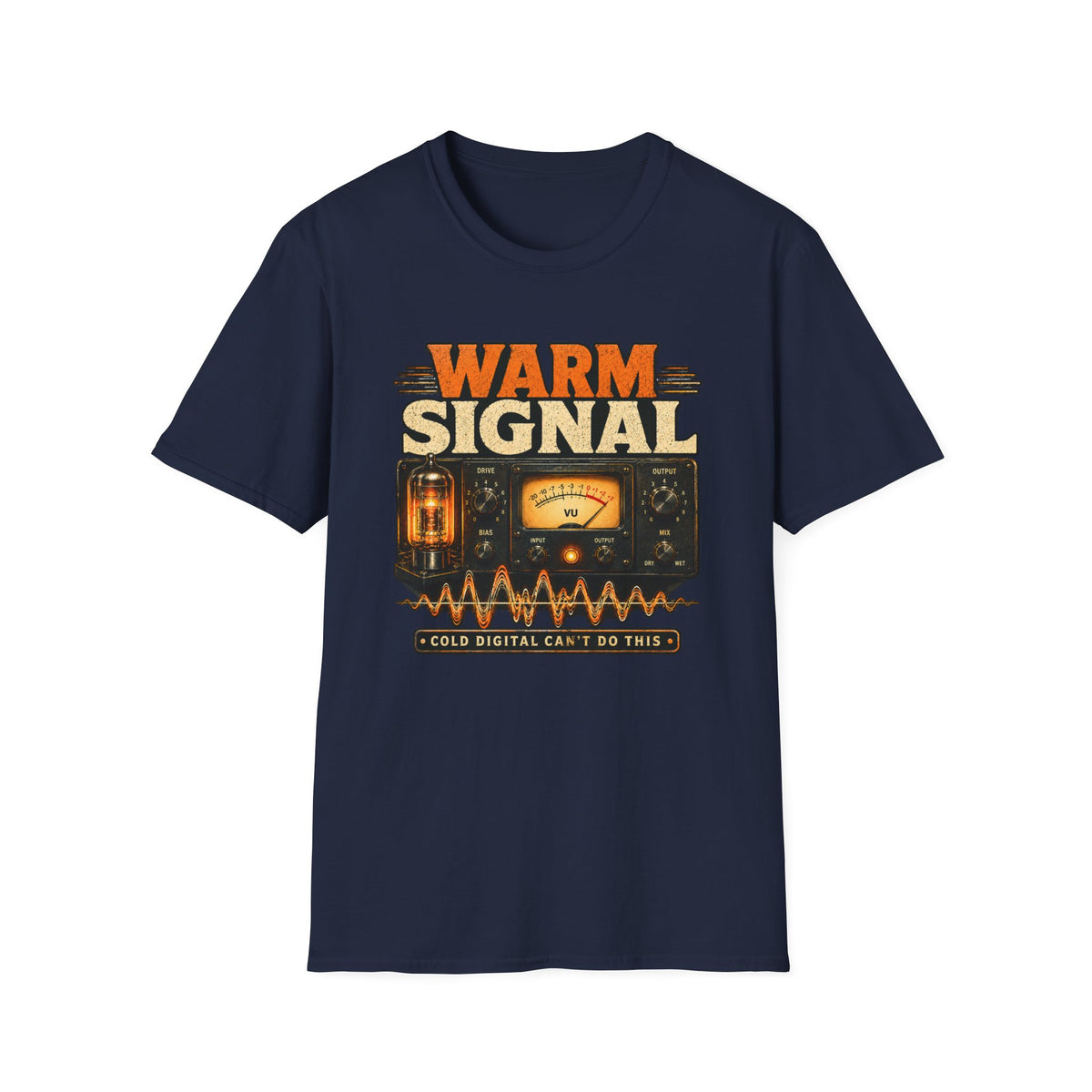 Navy Warm Signal T-shirt with a glowing vacuum tube, VU meter, and waveform.