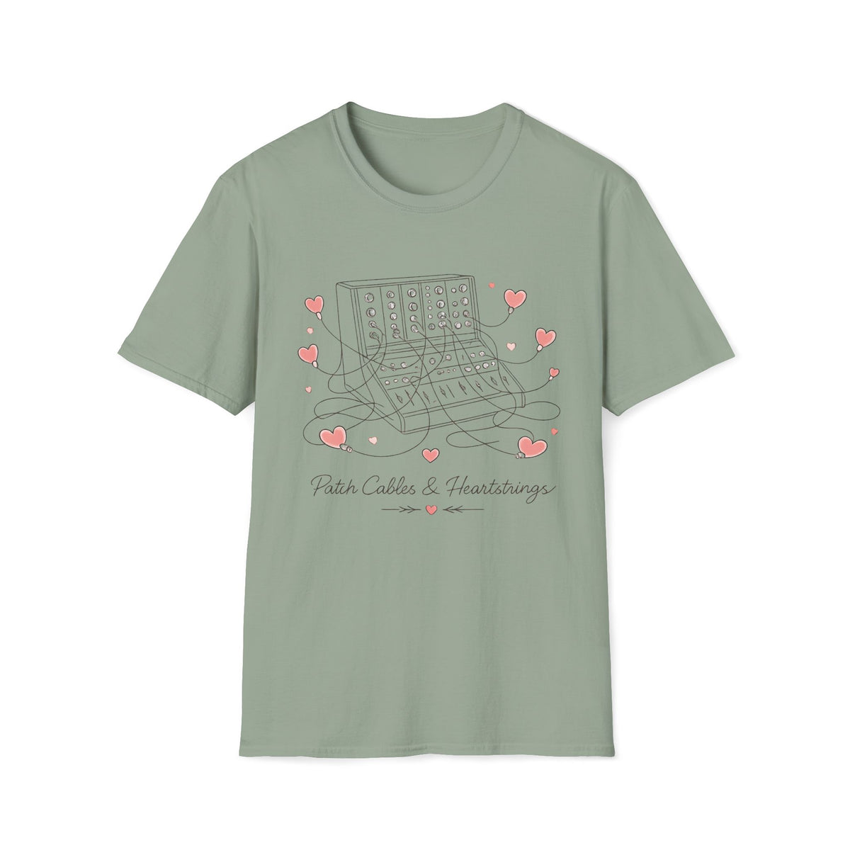 Sage Pastel Patch Cables & Heartstrings T-shirt with a synthesizer with pastel heart-shaped cables.