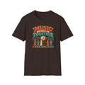 Dark brown Music Brings Us Together T-shirt with a musical note and people holding hands.