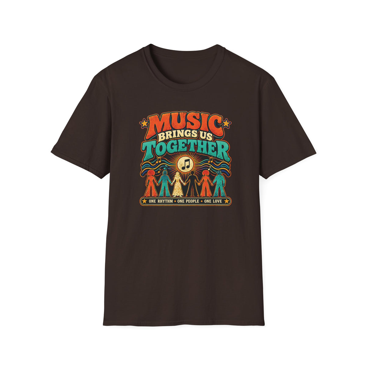 Dark brown Music Brings Us Together T-shirt with a musical note and people holding hands.