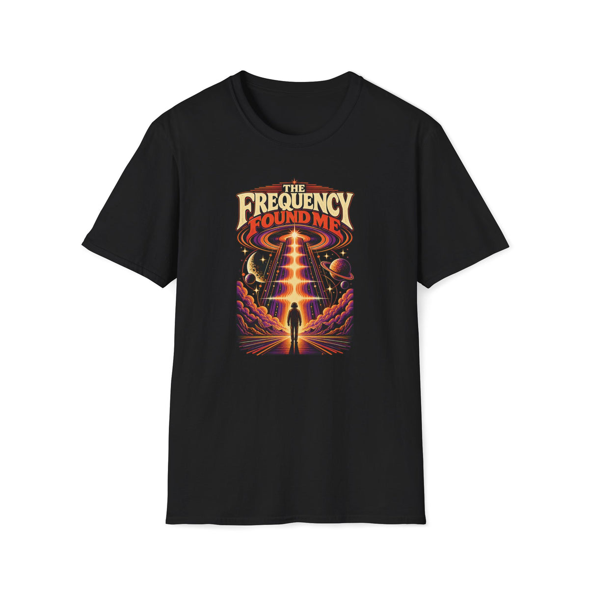 Black The Frequency Found Me T-shirt with a figure beneath a beam of sound among planets.