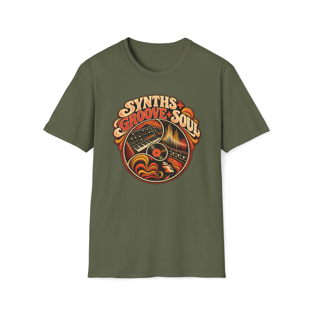 Military green Synths, Groove & Soul T-shirt with a synthesizer, vinyl record, and glowing waveform.