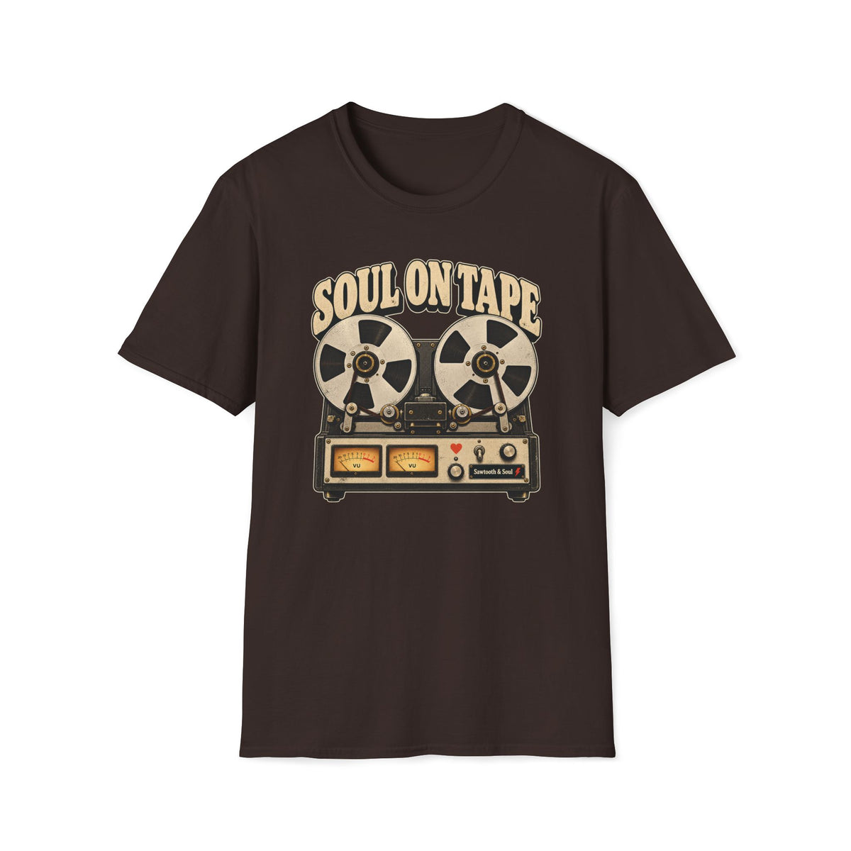 “Soul on Tape” T-shirt featuring a vintage reel-to-reel tape recorder with cream reels, twin gold VU meters, and a small red heart.