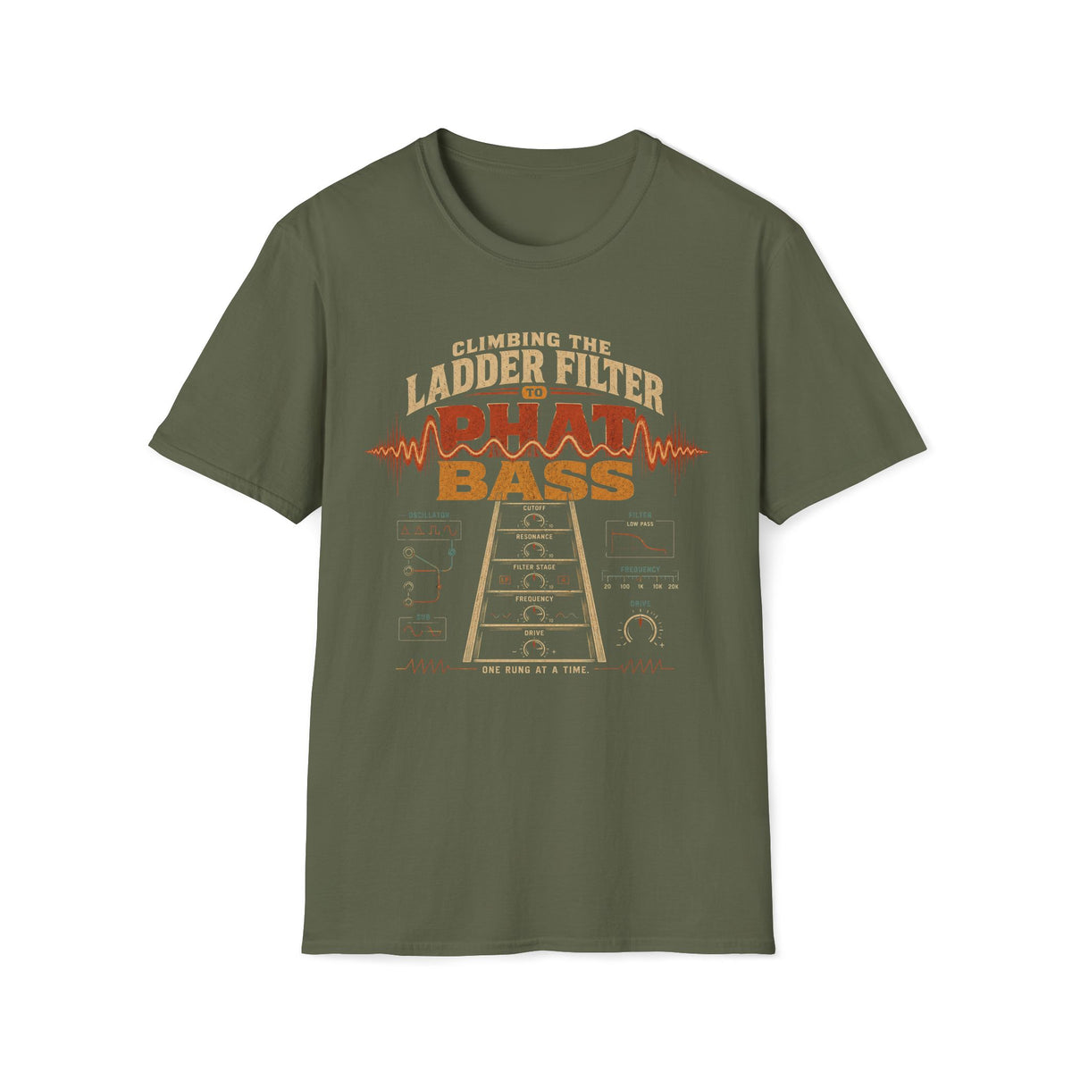 Military green Phat Bass T-shirt with a ladder-filter diagram with synth controls.