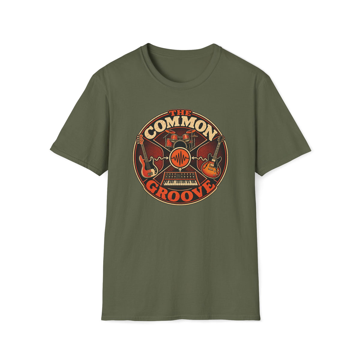 Military green The Common Groove T-shirt with bass, guitar, drums, and synthesizer around a waveform.