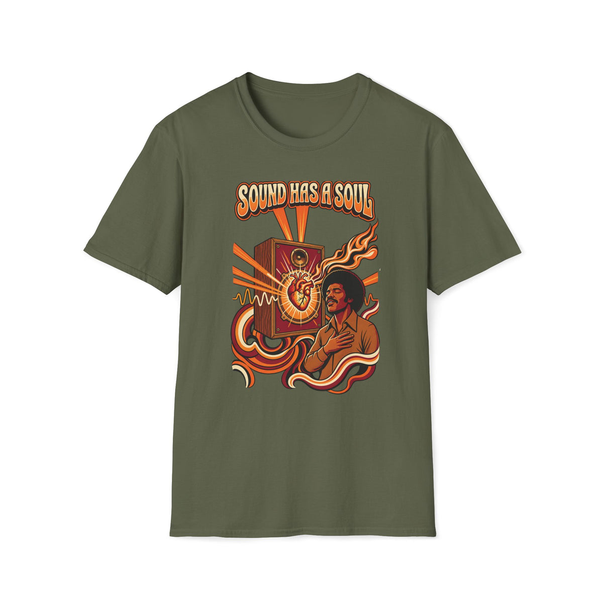 Military green Sound Has a Soul T-shirt with a speaker, heart, musician, and flowing sound waves.