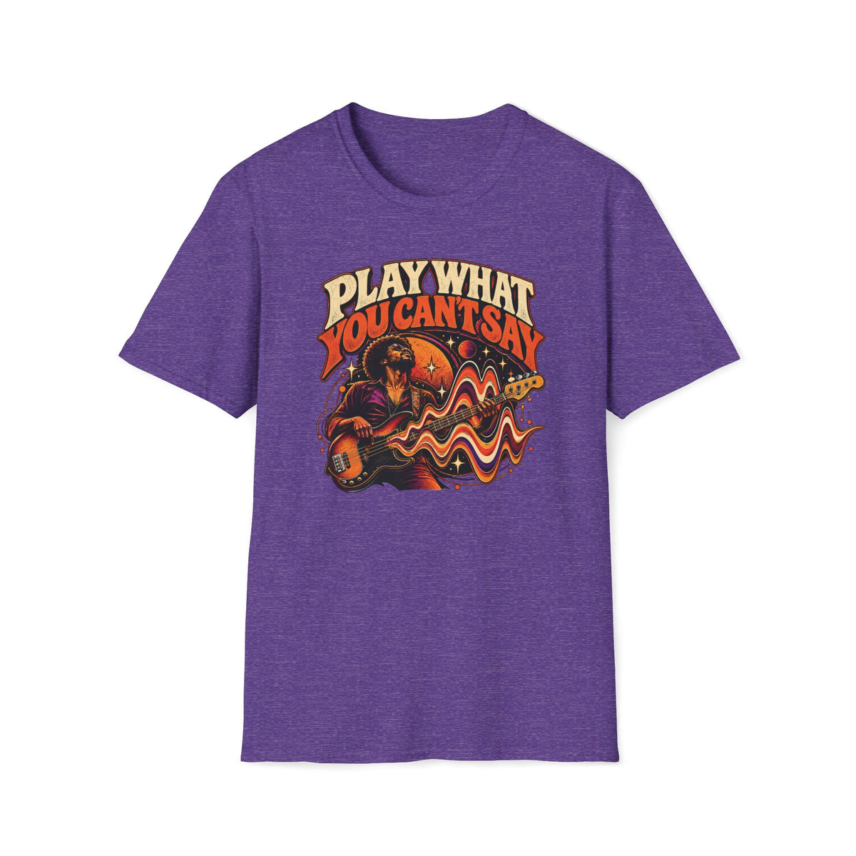 Heather purple Play What You Can't Say T-shirt with a bassist surrounded by flowing sound waves and stars.