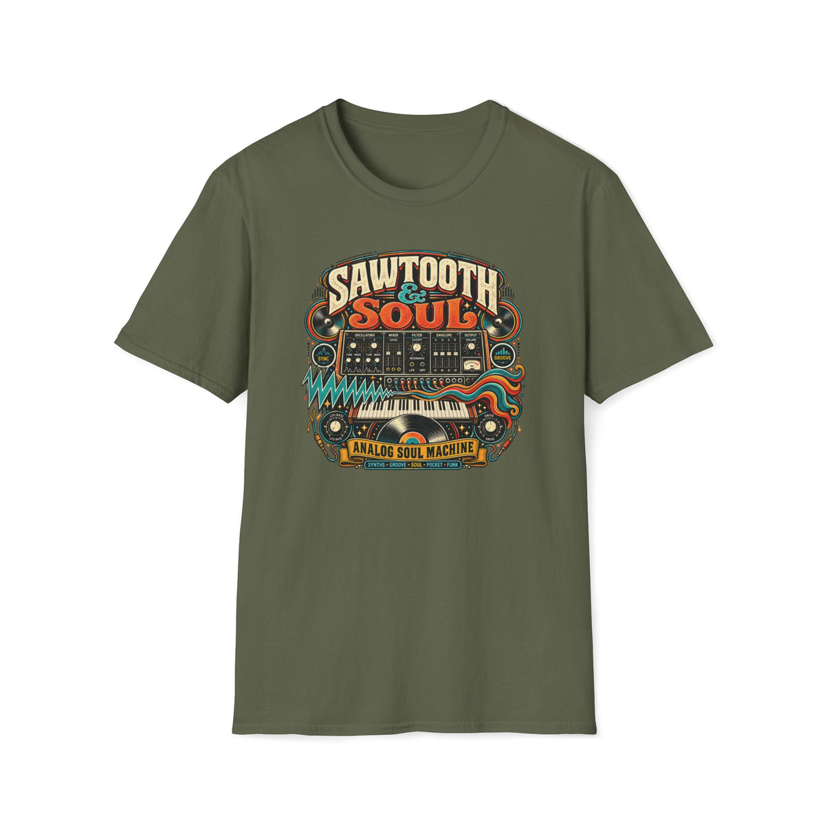 Military Green Sawtooth & Soul T-shirt featuring retro synthesizer controls, a keyboard, vinyl record, colorful waveforms, and “Analog Soul Machine” lettering.