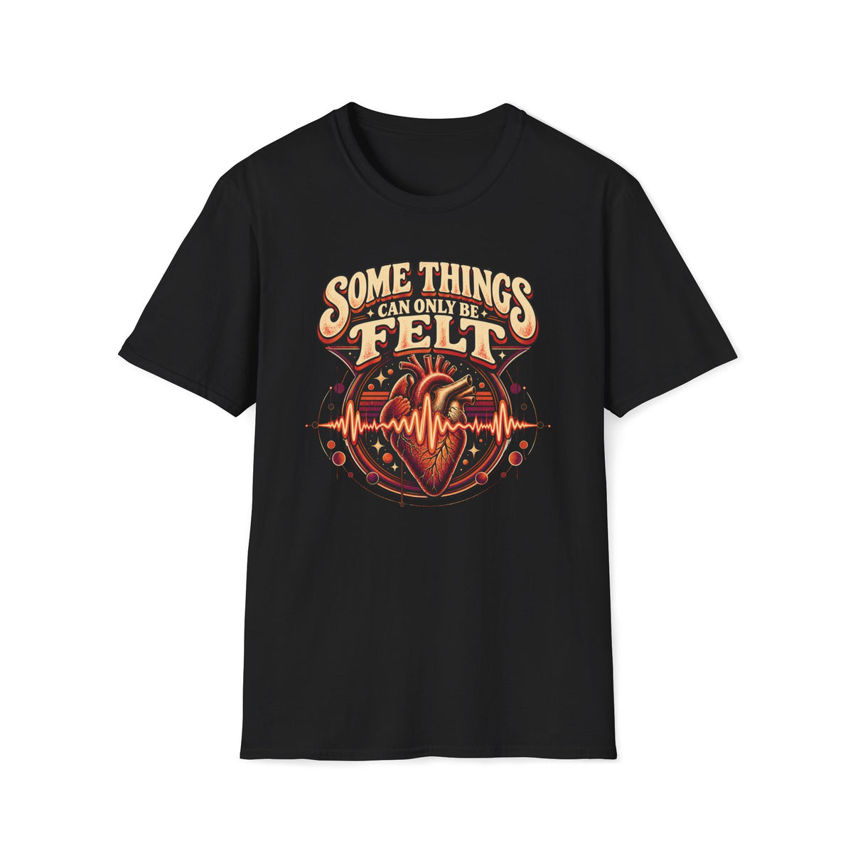 Black Some Things Can Only Be Felt T-shirt with an anatomical heart crossed by an audio waveform.