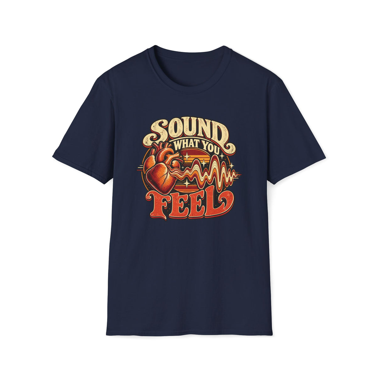 Navy Sound What You Feel T-shirt with a heart transforming into a musical waveform.