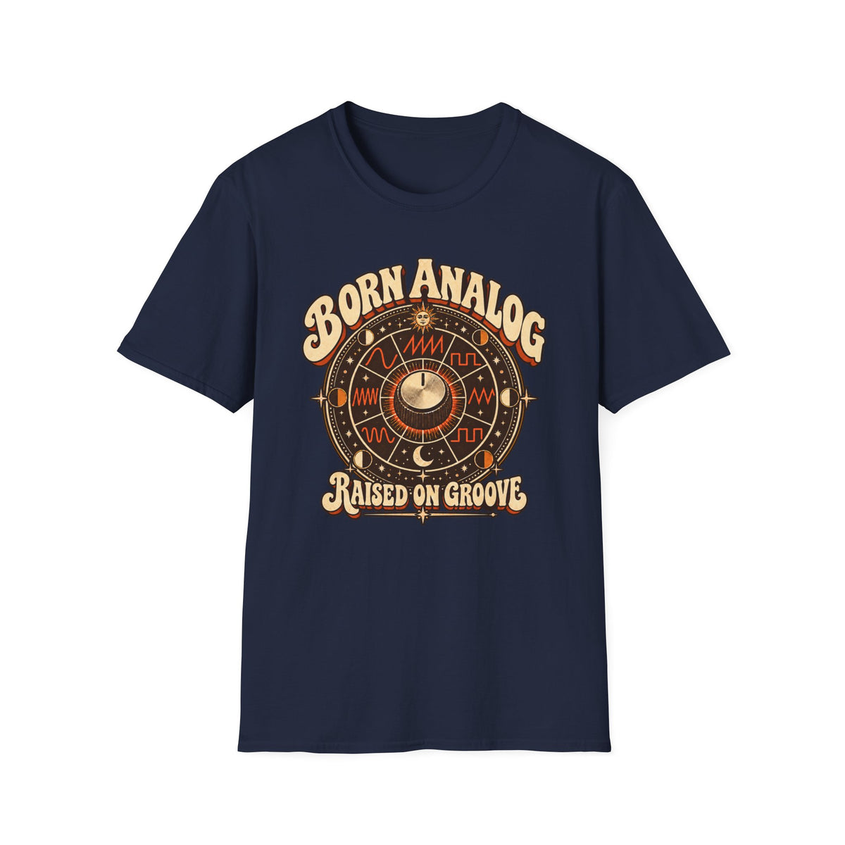 Navy Born Analog T-shirt with a control knob, waveforms, and cosmic symbols.