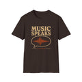 Dark brown Music Speaks T-shirt with a waveform inside a speech bubble.