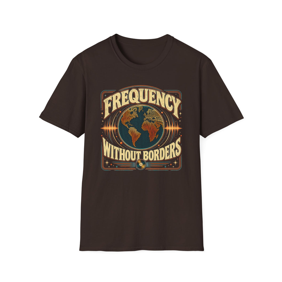Dark brown Frequency Without Borders T-shirt with a world map surrounded by radiating sound waves.