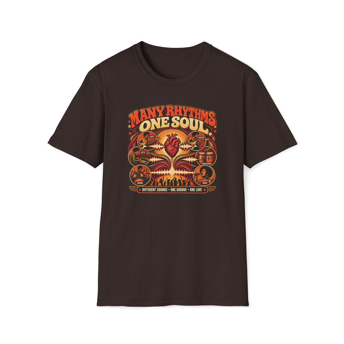 Dark brown Many Rhythms One Soul T-shirt with band instruments linked by waveforms around a heart.
