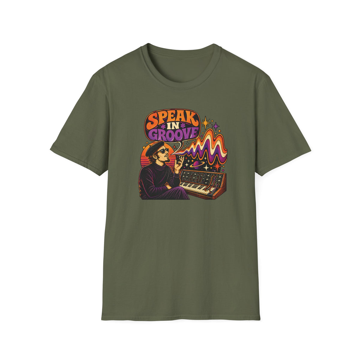 Speak in Groove beatnik synth graphic T-shirt in Military Green