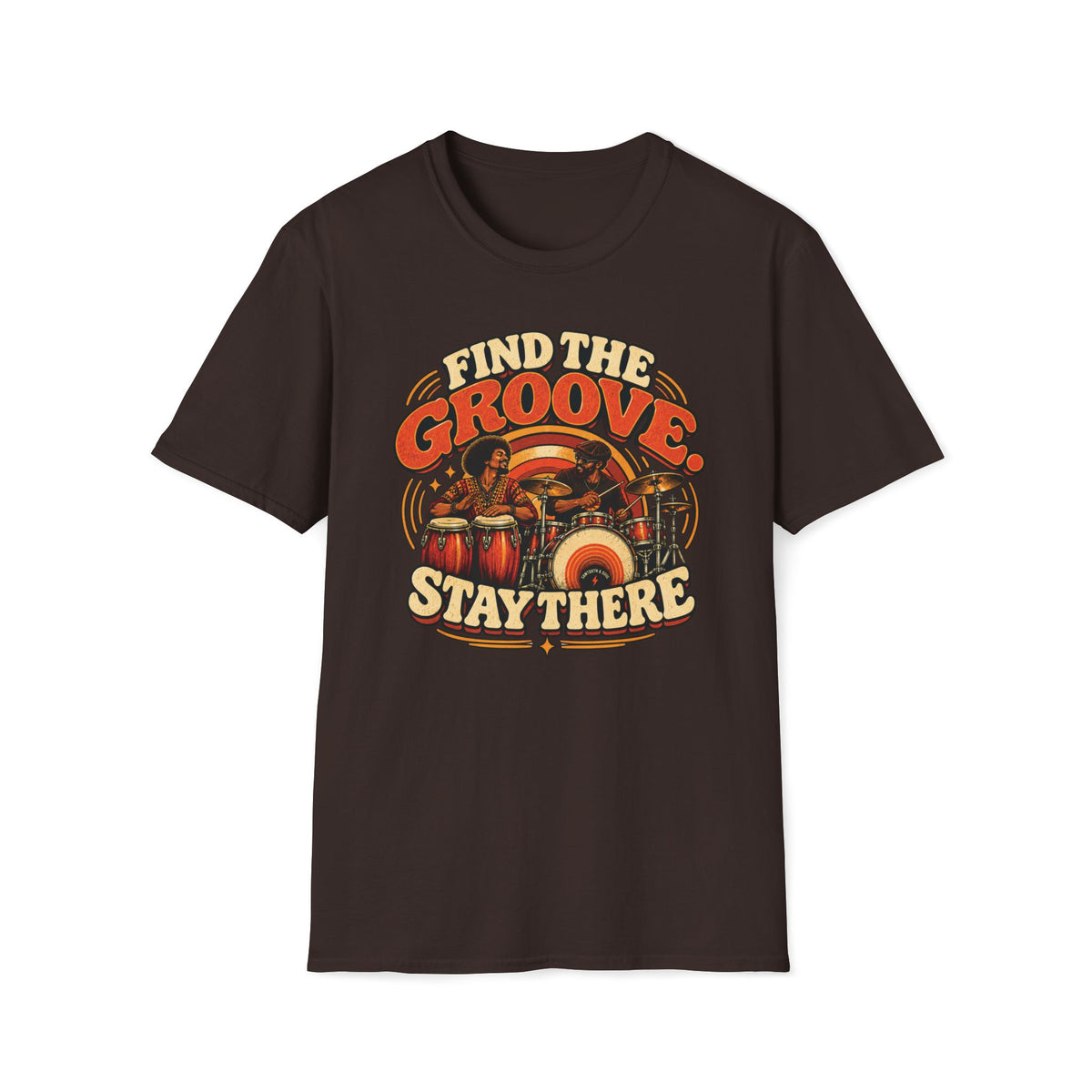 Dark brown Find the Groove Stay There T-shirt with a conga player and drummer sharing a striped backdrop.
