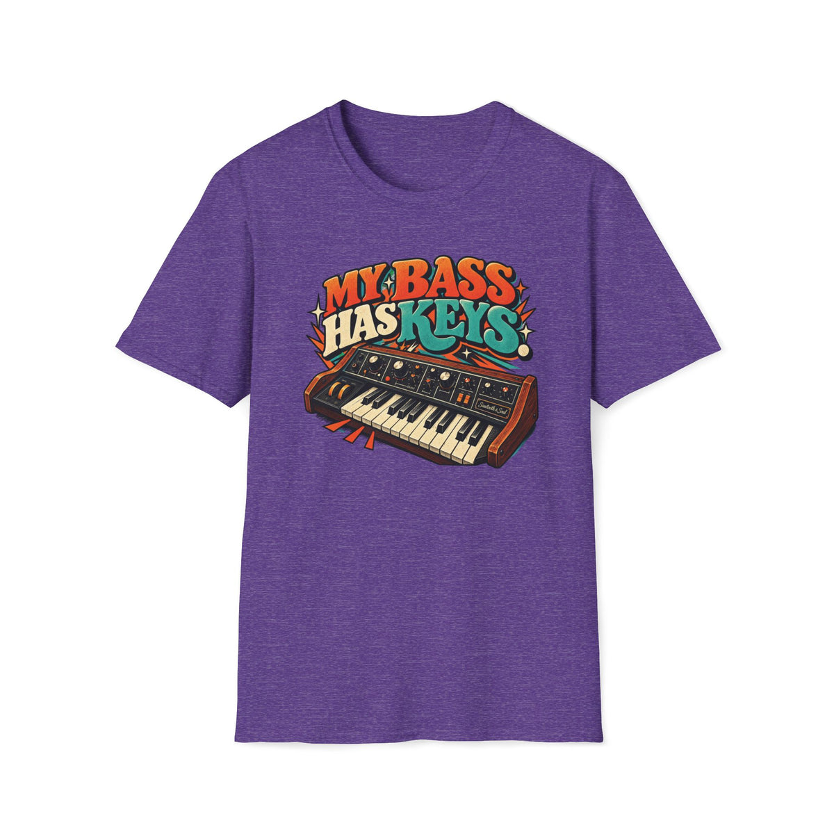 Heather purple My Bass Has Keys T-shirt with a wood-sided synthesizer with cream keys and teal accents.