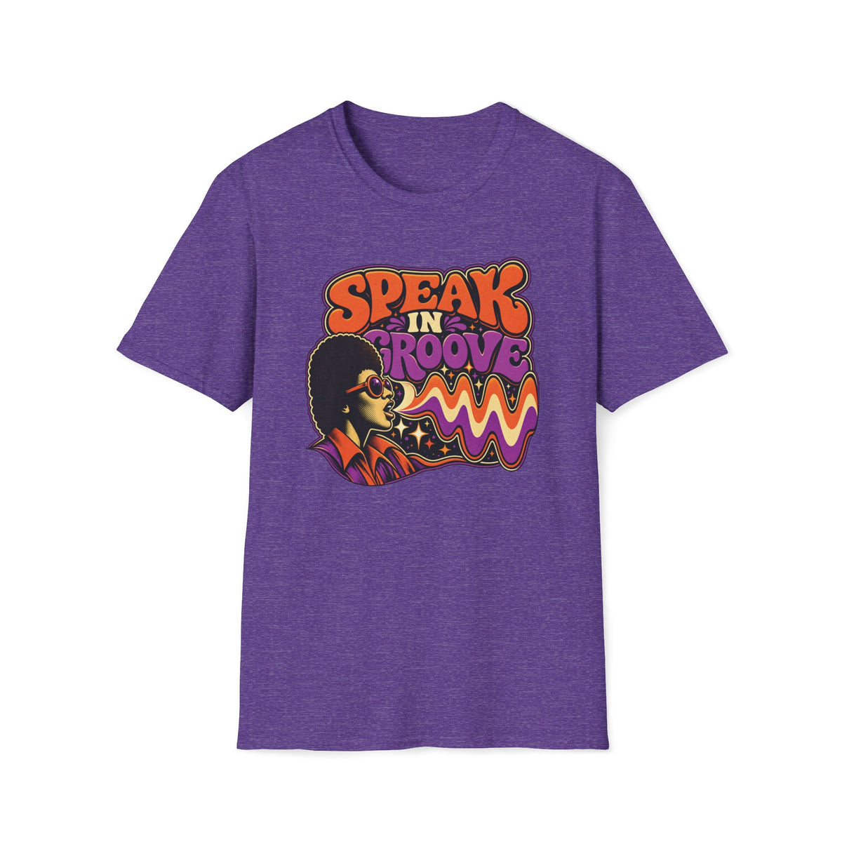 Heather purple Speak in Groove T-shirt with a round-sunglasses portrait with orange and purple waves.