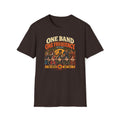 Dark brown One Band One Frequency T-shirt with five performers linked by a flowing waveform.
