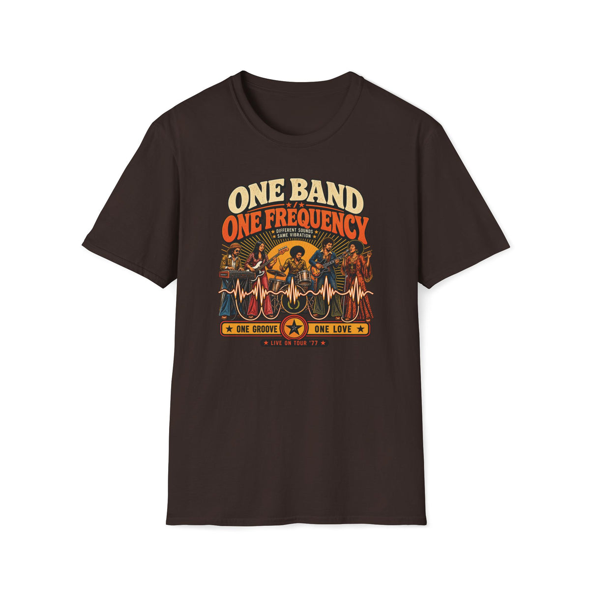 Dark brown One Band One Frequency T-shirt with five performers linked by a flowing waveform.