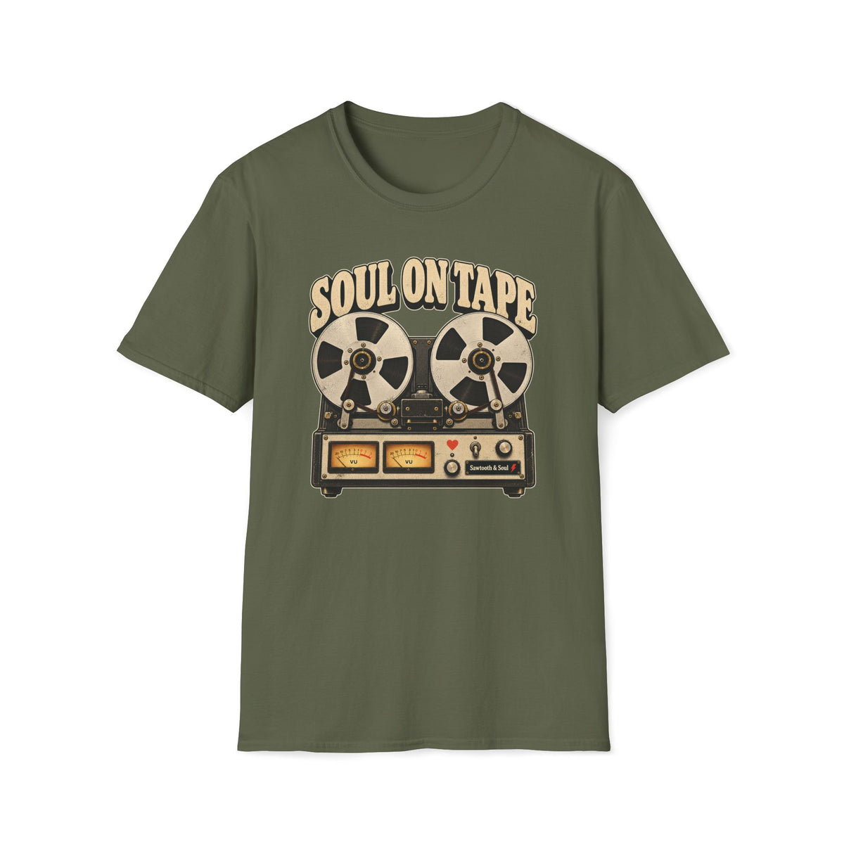 “Soul on Tape” T-shirt featuring a vintage reel-to-reel tape recorder with cream reels, twin gold VU meters, and a small red heart.