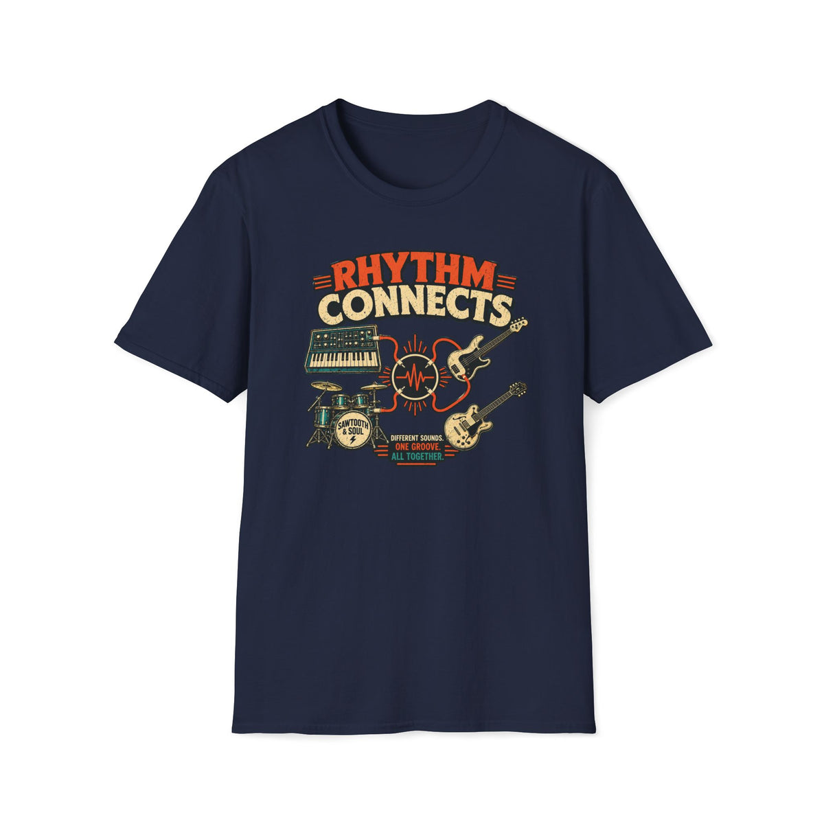 Navy Rhythm Connects T-shirt with band instruments linked by orange cables and a waveform.