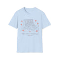 Light blue Pastel Patch Cables & Heartstrings T-shirt with a synthesizer with pastel heart-shaped cables.