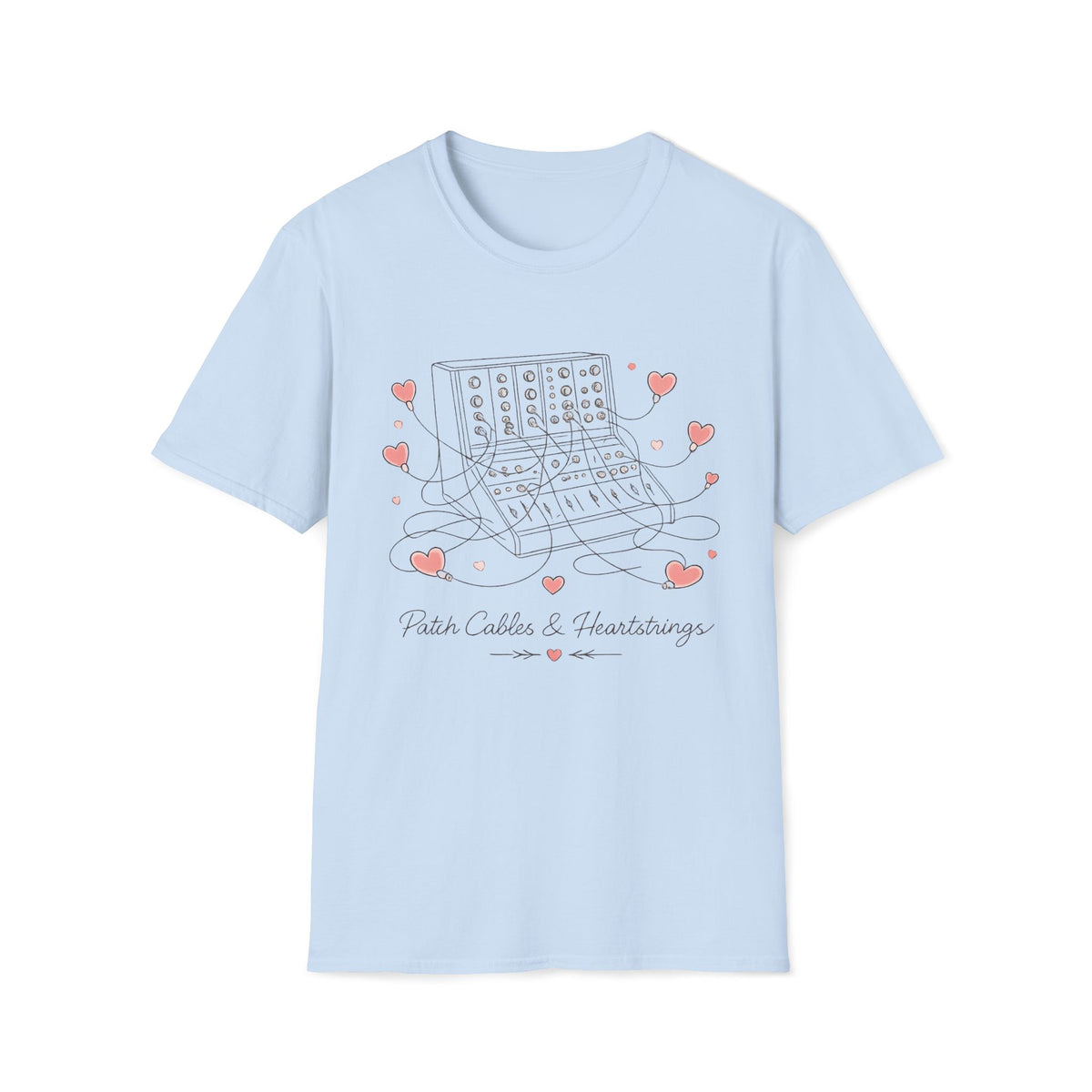 Light blue Pastel Patch Cables & Heartstrings T-shirt with a synthesizer with pastel heart-shaped cables.