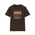 Dark brown Analog Soul T-shirt with a red heart within a synth control panel and circuitry.